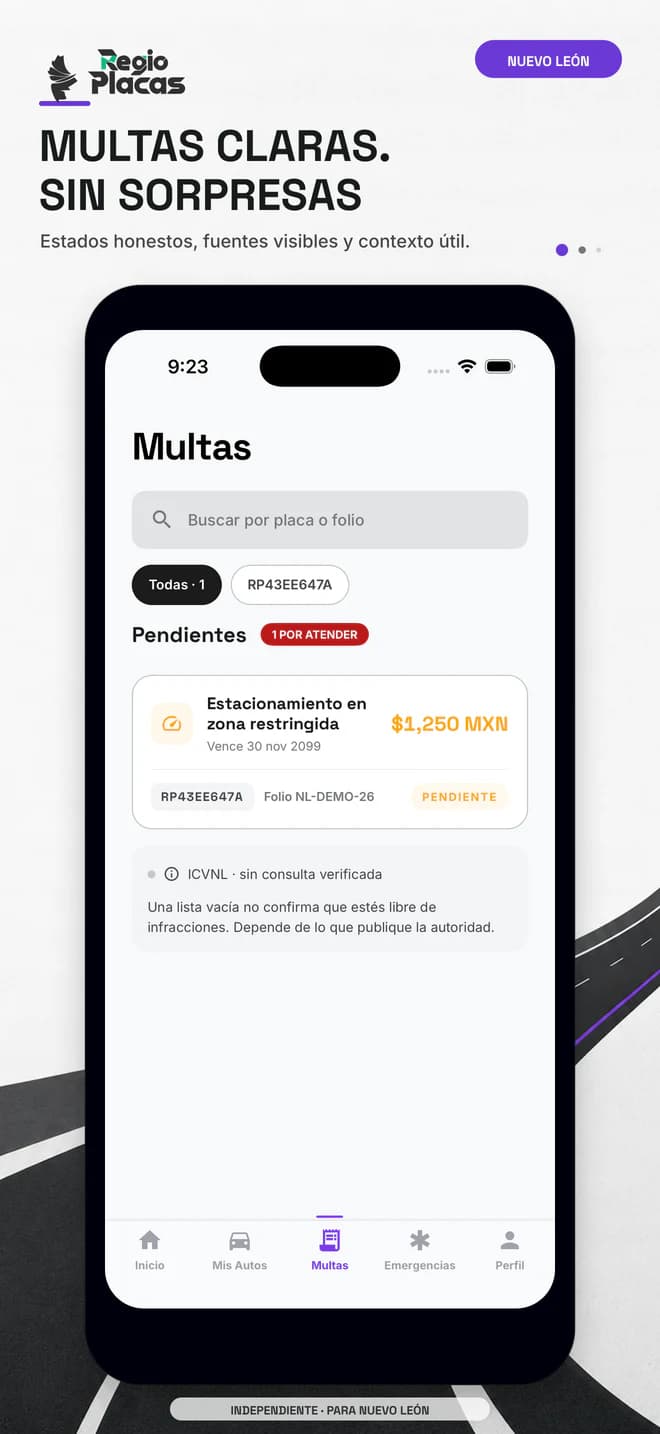 Pantalla real de multas con un registro de demostración, fuente y estado