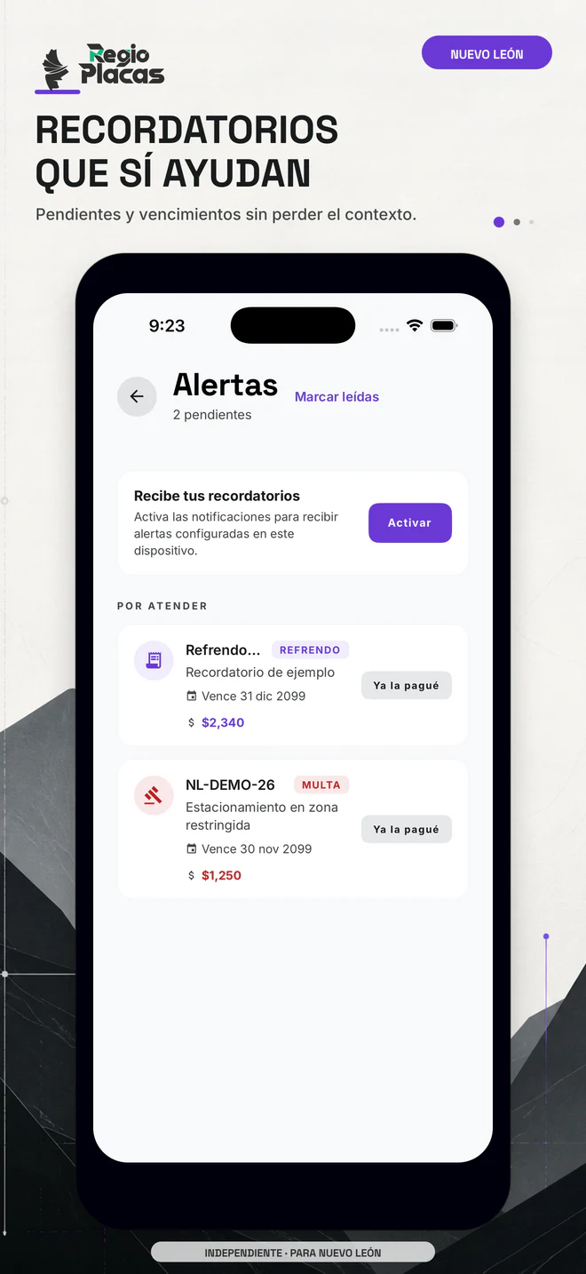 Pantalla real de alertas con recordatorios de refrendo y multa