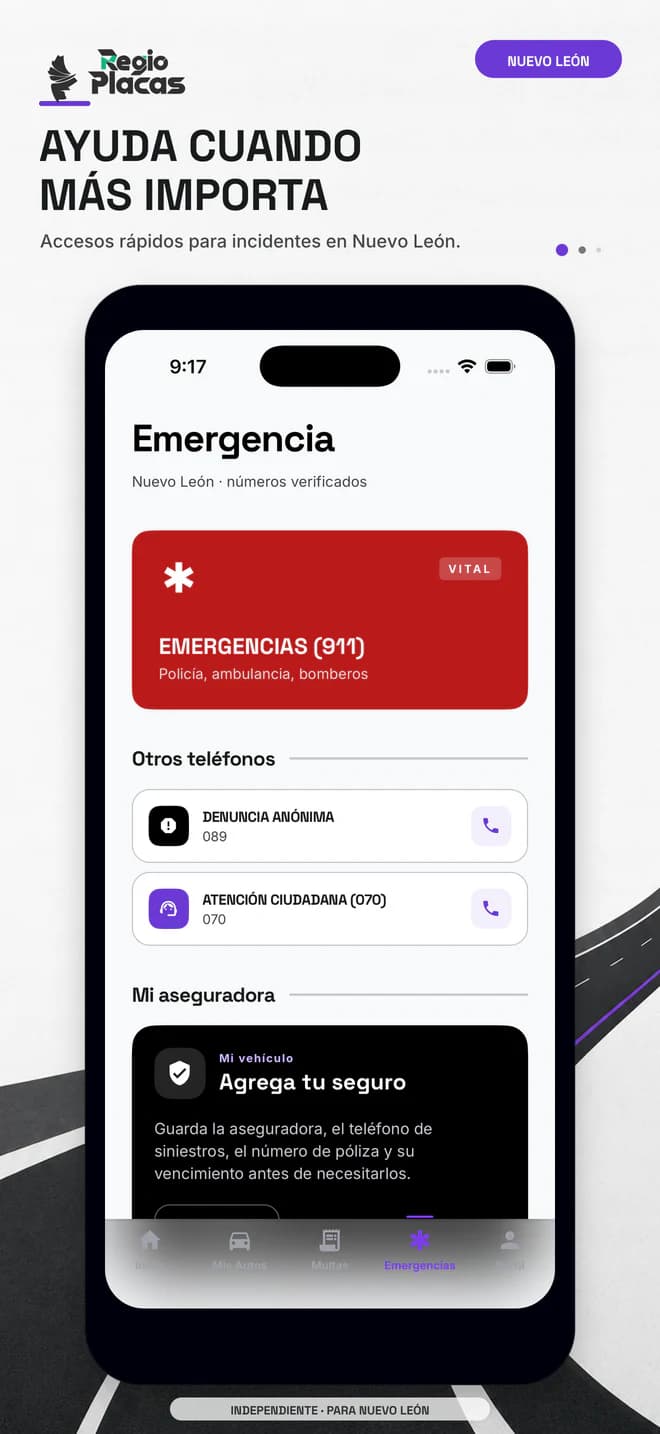 Pantalla real de emergencia con teléfonos verificados de Nuevo León