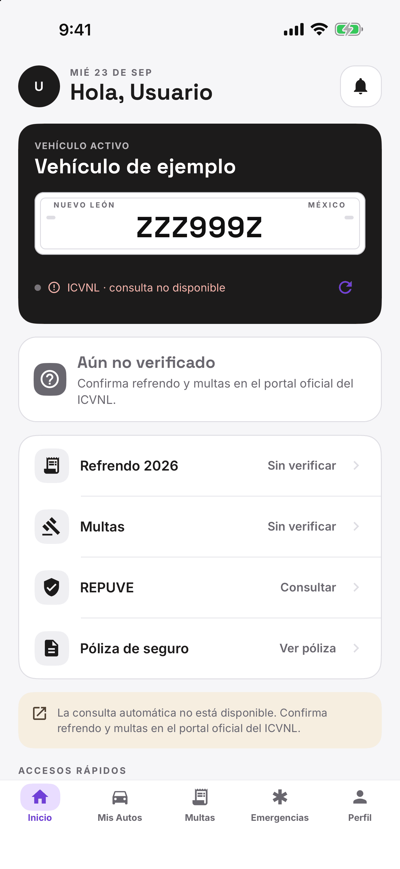Pantalla de inicio de la app Regio Placas para iOS con un vehículo de demostración y el estado de ICVNL sin verificar