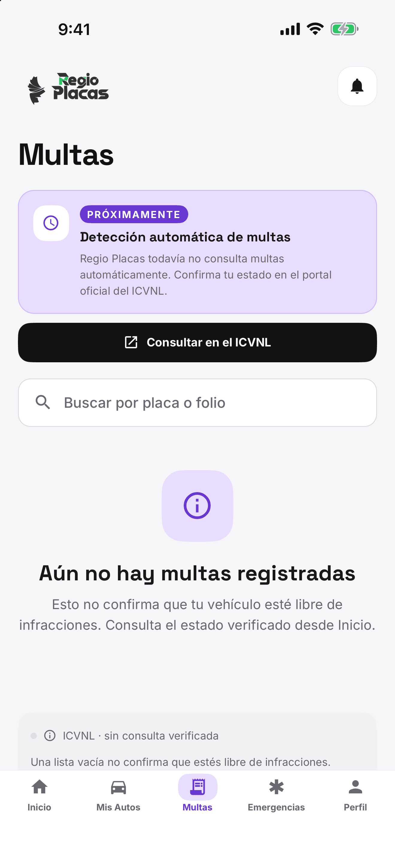 Pantalla real de multas que indica que la detección automática llega próximamente y enlaza al portal oficial del ICVNL