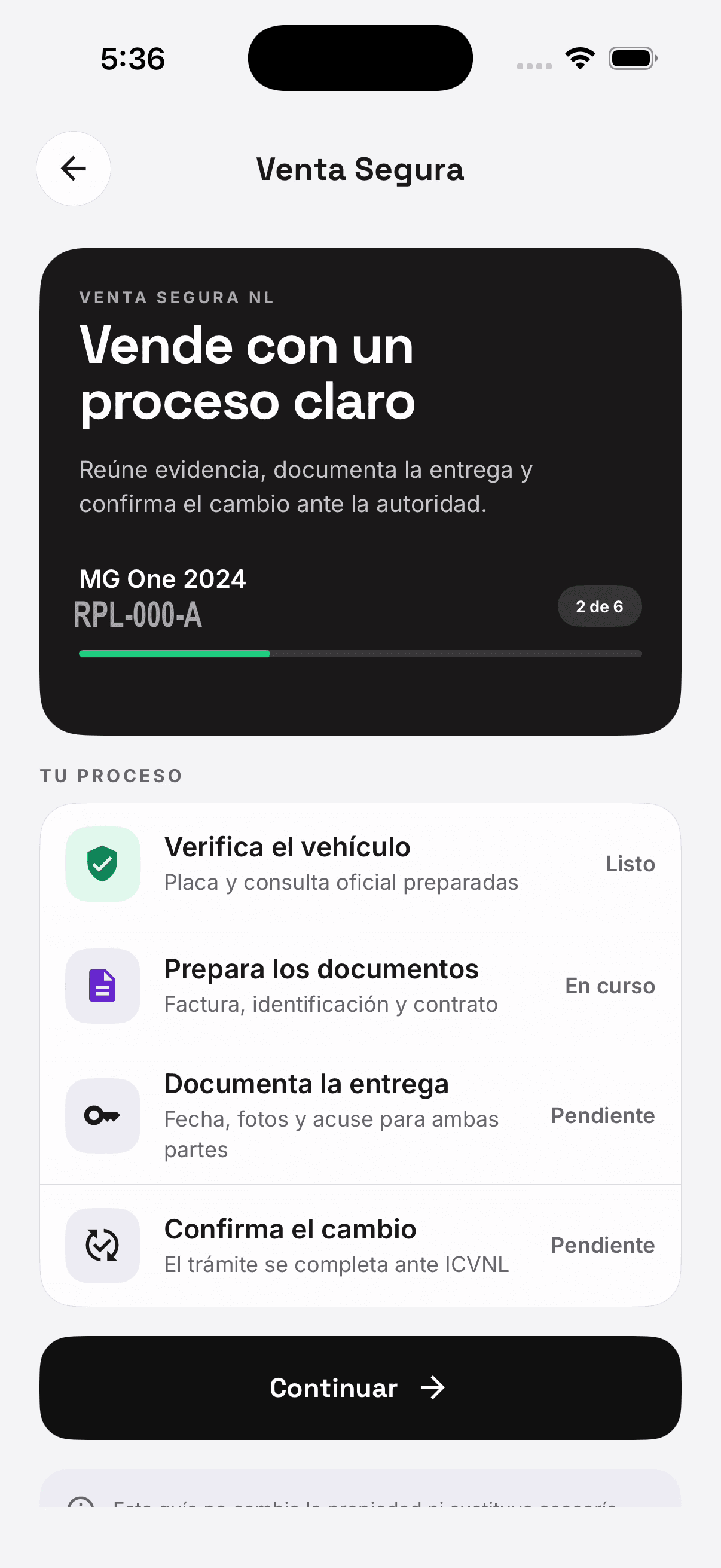 Pantalla real de Venta Segura para organizar un cambio de propietario